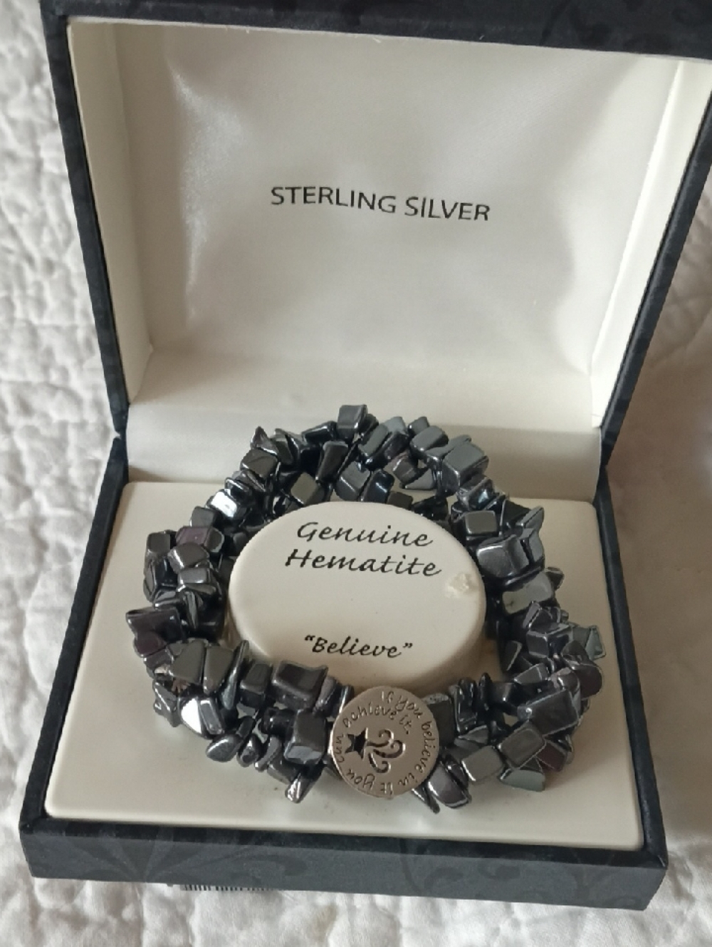 Genuine Hematite Stretch Bracelet - Metallic Gray, "Believe" Message, Sterling